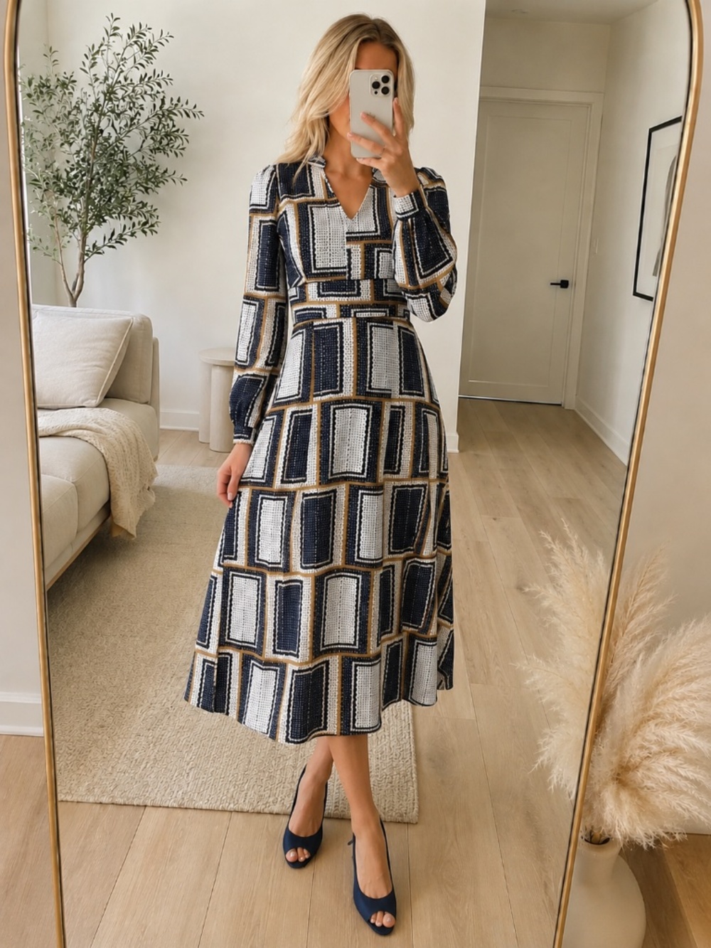 NWT Abstract Print V Neck Tie Waist Midi Dress S M L